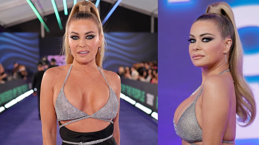 Carmen Electra walks red carpet wearing sparkling rhinestone bikini bra top and silk skirt