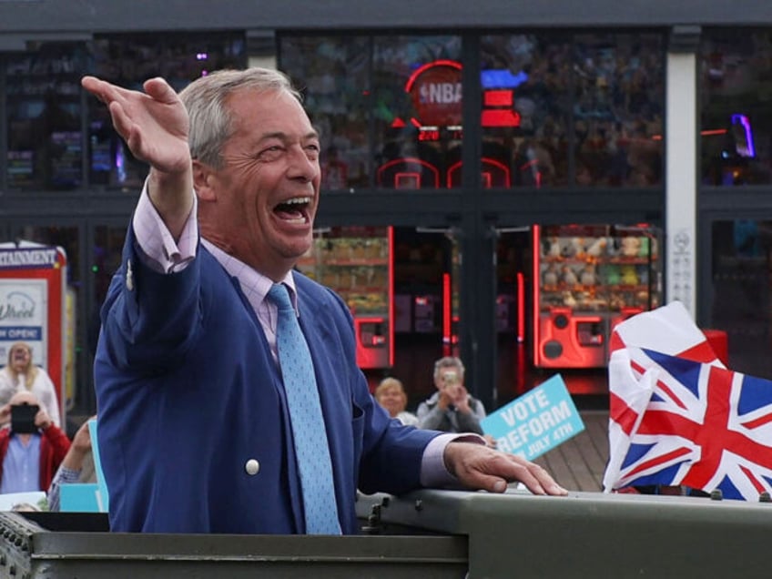 CLACTON-ON-SEA, ENGLAND - JULY 3: Reform UK party leader Nigel Farage speaks to the crowd