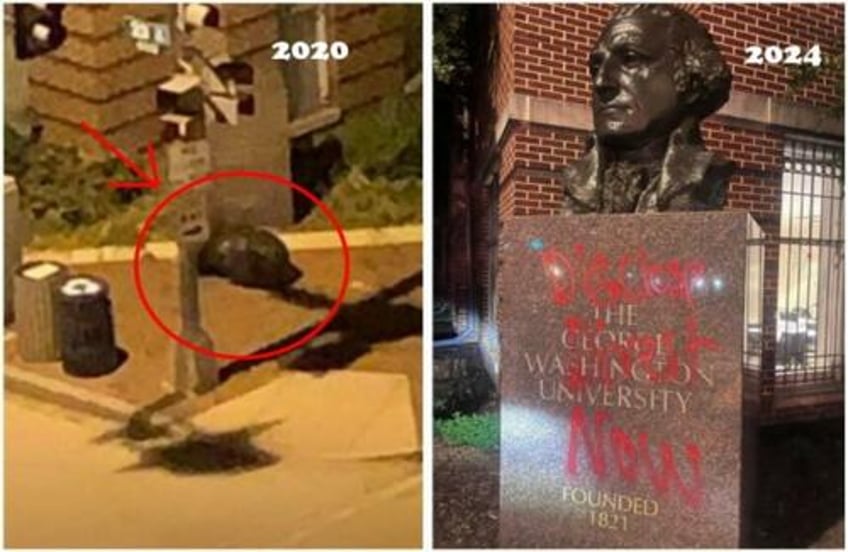 beheaded during blm riots washington monument at gwu vandalized by pro palestinian protesters