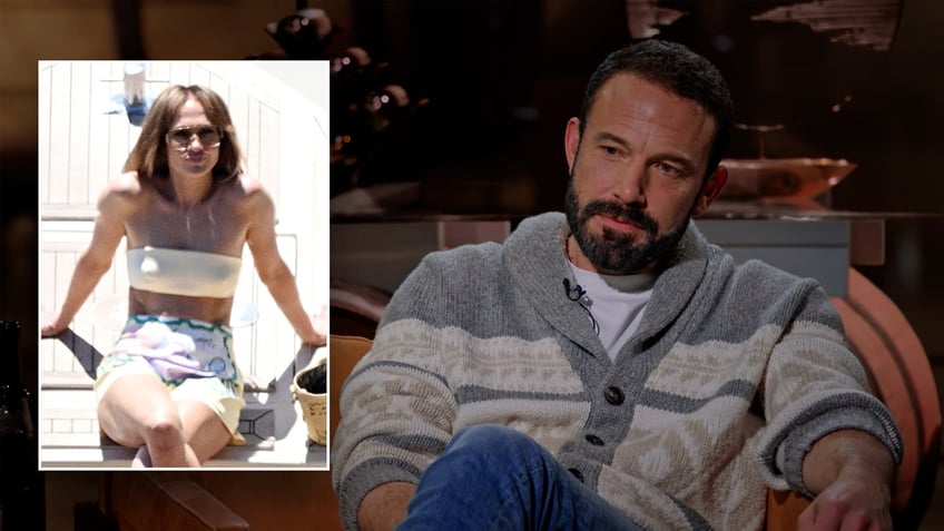 Ben Affleck wears sweater while Jennifer Lopez, inset, sports bathing suit in Italy