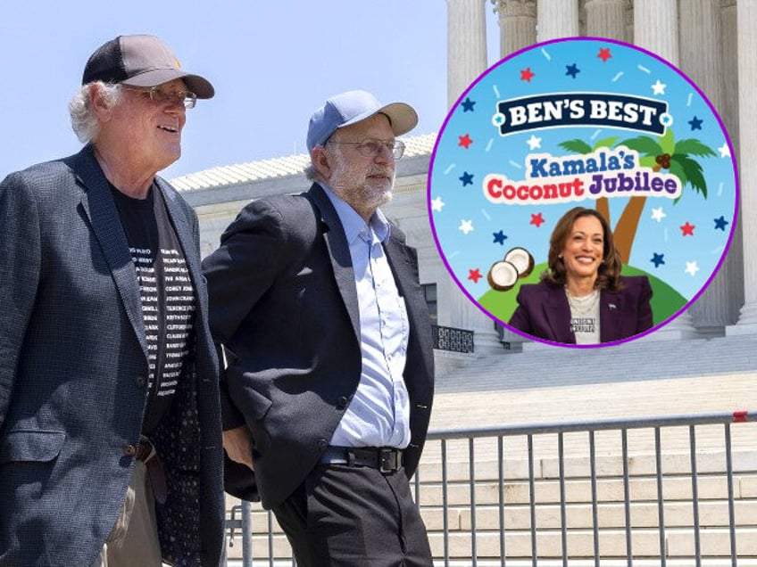 (INSET: Cover design for "Kamala Coconut Jubilee" ice cream) Ben Cohen (L) and Jerry Green