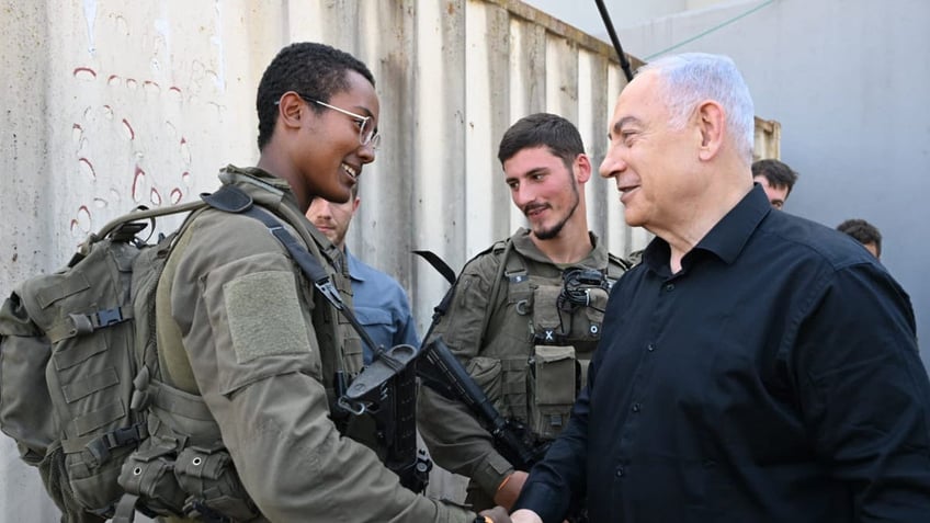 Prime Minister Benjamin Netanyahu met with soldiers on the Israel-Lebanon border on Sunday, Oct. 6.