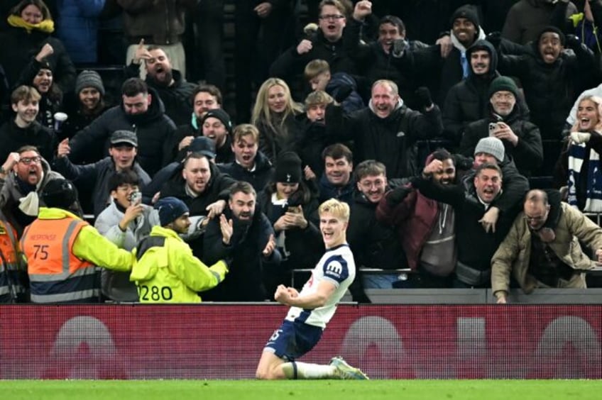 Tottenham's Lucas Bergvall celebrates after scoring against Liverpool