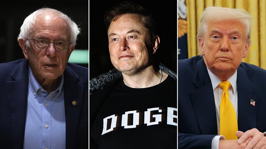 Bernie Sanders, Elon Musk and Donald Trump split image