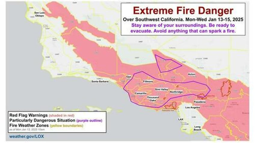 Map of extreme fire danger in the Los Angeles area. 