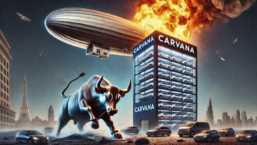 A Carvana "car vending machine", a burning zeppelin, and a charging bronze bull. 