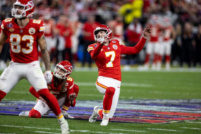 Harrison Butker of the Kansas City Chiefs kicks a field goal during the NFL Super Bowl 58 football game between the San Francisco 49ers and the...