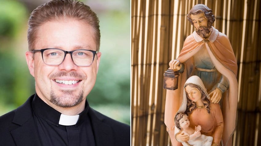 Pastor Fiene split with Nativity scene