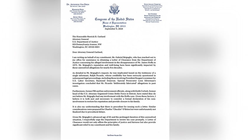 Letter from Congressman Jeff Van Drew to U.S. Attorney General Merrick Garland to clear Gabe Briguglios name