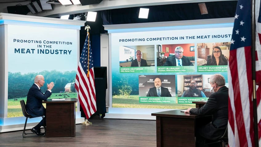 WASHINGTON, DC - JANUARY 03: U.S. President Joe Biden speaks during a virtual meeting about reducing the costs of meat through increased competition in the meat processing industry in the South Court Auditorium at the Eisenhower Executive Office Building on January 3, 2022 in Washington, DC. President Biden heard from Attorney General Merrick Garland, Secretary of Agriculture Tom Vilsack, and independent farmers. (Photo by Sarah Silbiger/Getty Images)