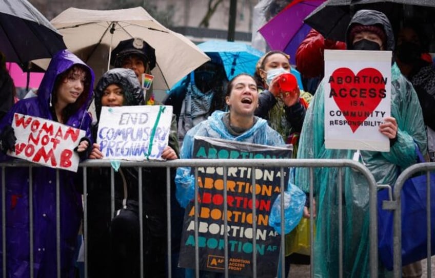 Pro abortion rights activists hold placards during the annual anti-abortion demonstration