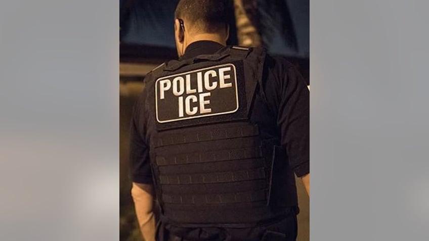 ICE officer seen from behind with police jacket on