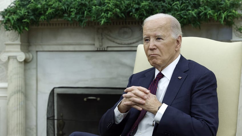 President Biden listens as Iraqi Prime Minister Mohammed Shia al-Sudani speaks in the Oval Office of the White House on April 15, 2024 in Washington, D.C.