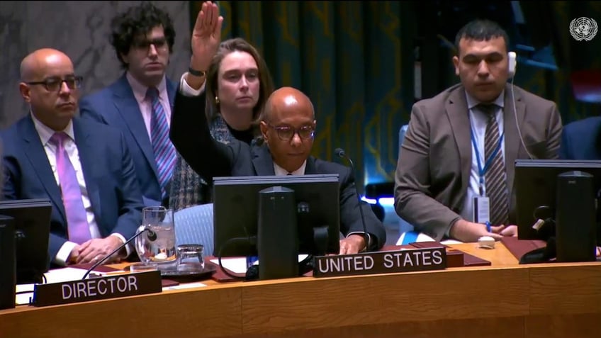 U.N. Ambassador Robert Wood votes against and vetoes a draft resolution on Israel at the U.N. Security Council on Nov. 20, 2024.