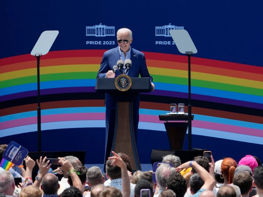 President Joe Biden speaks at a Pride Month celebration on the South Lawn of the White House, Saturday, June 10, 2023, in Washington. (AP Photo/Manuel Balce Ceneta)