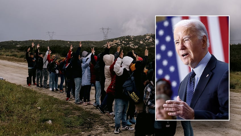 Biden inset over background image of border crossers in California