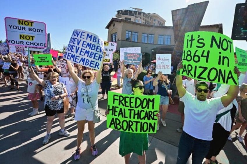 Pro-abortion rights demonstrators rally in Scottsdale, Arizona on April 15, 2024