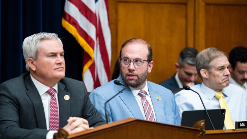 From left, Chair James Comer, R-Ky., Rep. Jason Smith, R-Mo., and Rep. Jim Jordan, R-Ohio, attend a House Oversight Committee hearing on March 20, 2024.