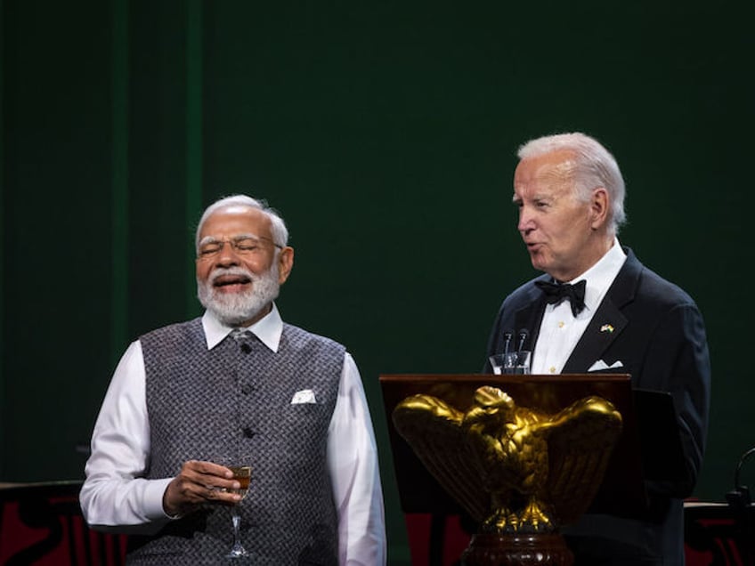 US President Joe Biden, right, and Narendra Modi, India's prime minister, during a state dinner at the White House in Washington, DC, US, on Thursday, June 22, 2023. Biden and Modi announced a series of defense and commercial deals designed to improve military and economic ties between their nations during a state visit today. Photographer: Al Drago/Bloomberg