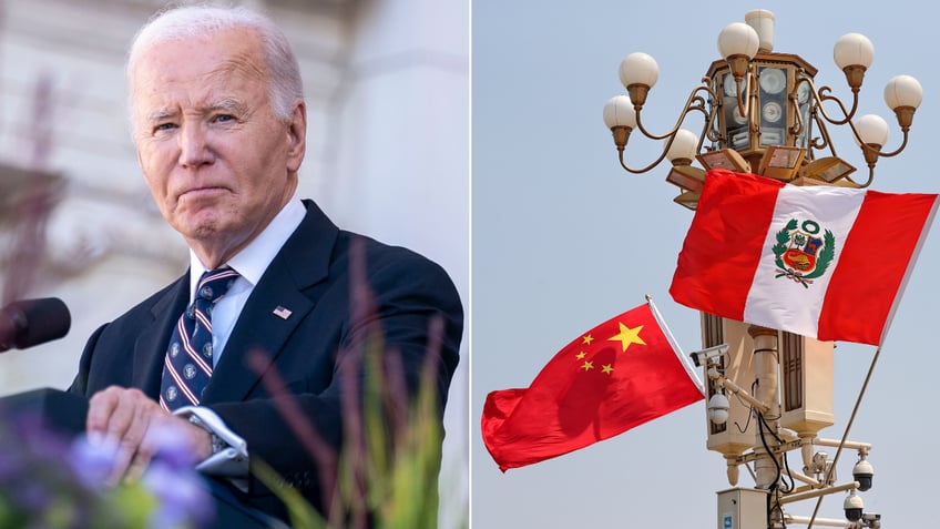 The national flags of Peru and China flutter at Tian'anmen Square on June 28, 2024, in Beijing. (Getty Images)