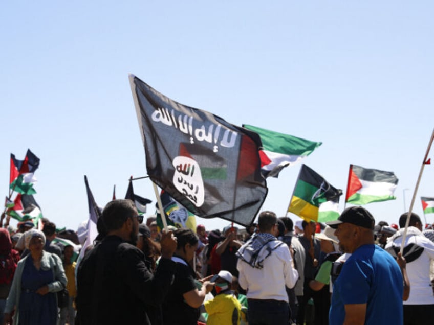 A man holds an ISIS flag as pro-Palestinian supporters gather in Cape Town on November 12,