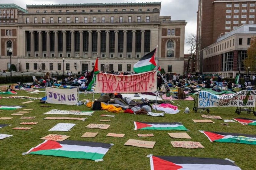 Students occupy the campus ground of Columbia University in support of Palestinians, in Ne