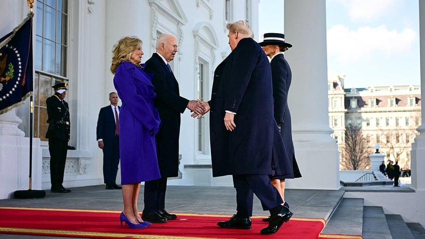 US President Joe Biden and First Lady Jill Biden greet President-elect Donald Trump and Melania Trump