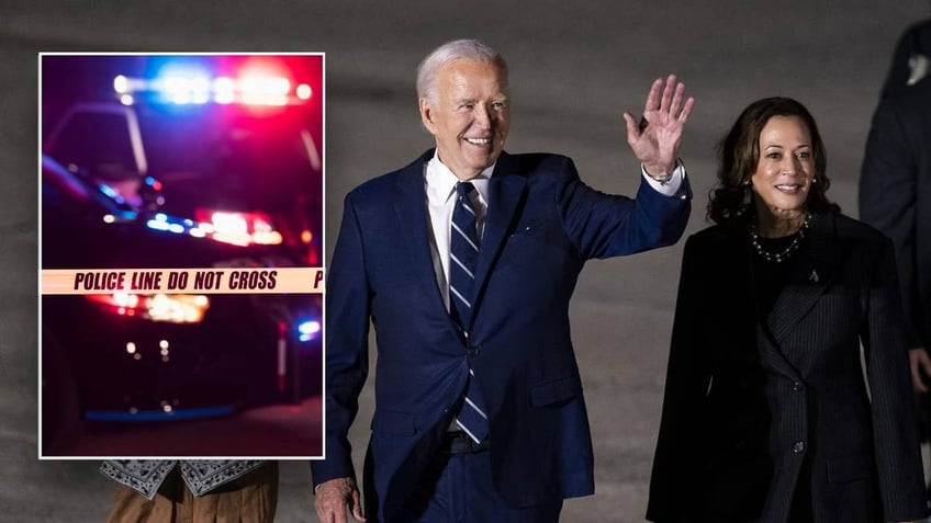 police lights and tape, inset; Biden with Harris main image