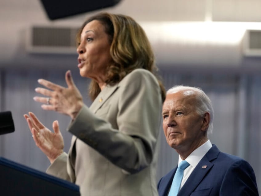 President Joe Biden, right, listens as Democratic presidential nominee Vice President Kama