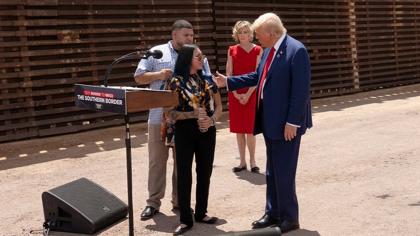 Former President Trump met with Alexis Nungaray, mother of Jocelyn Nunagaray, the 12-year-old girl who was killed by who authorities say are undocumented migrants, at the U.S.-Mexico border fence on Aug. 22 south of Sierra Vista, Arizona.