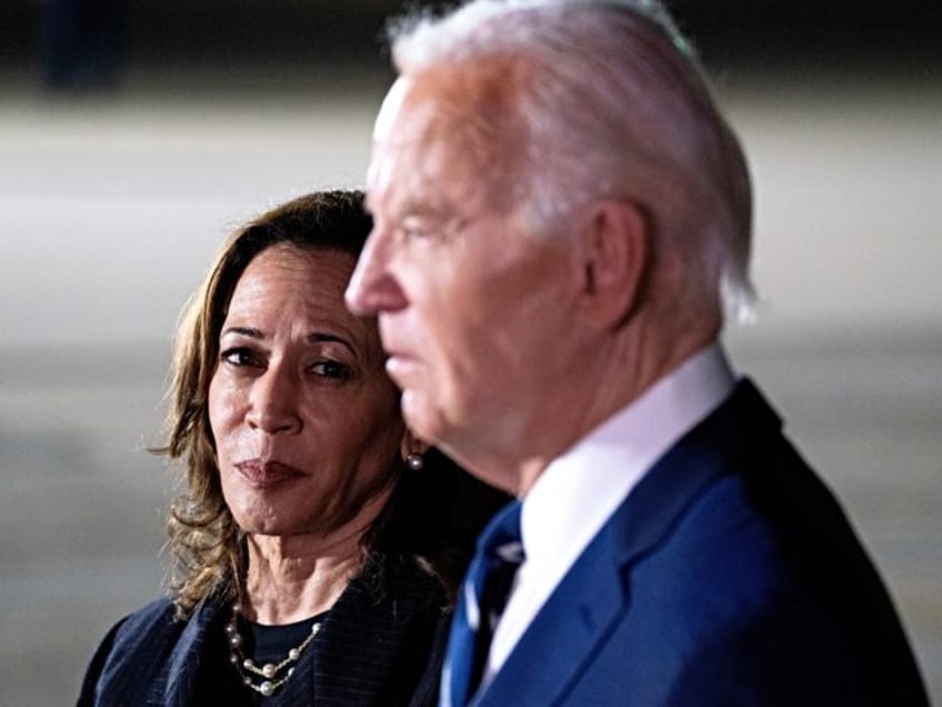 US Vice President Kamala Harris, left, watches as President Joe Biden speaks to members of