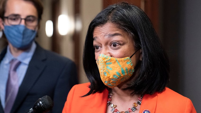 Rep. Pramila Jayapal, D-Wash., speaks with reporters after a meeting of the progressive House Democrats on Capitol Hill, Friday, Oct. 1, 2021, in Washington. (AP Photo/Alex Brandon)