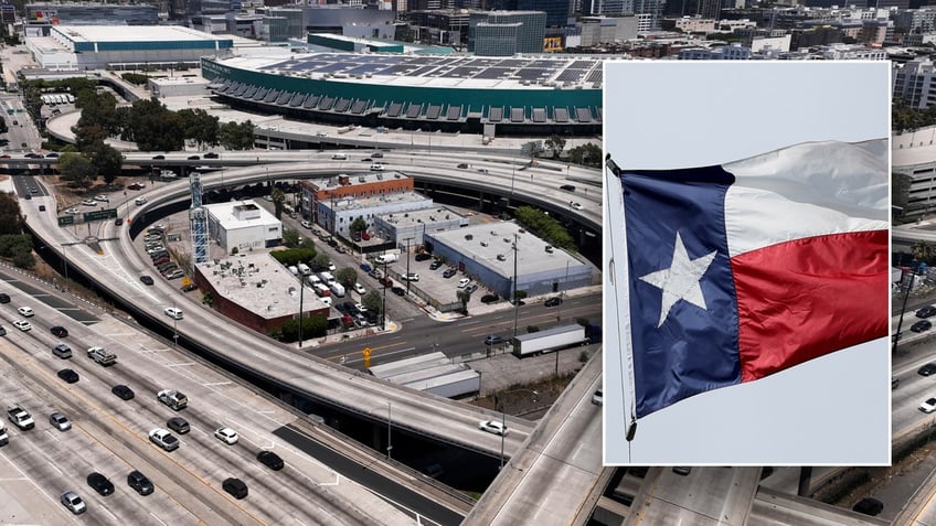 Split image of highway with Texas flag