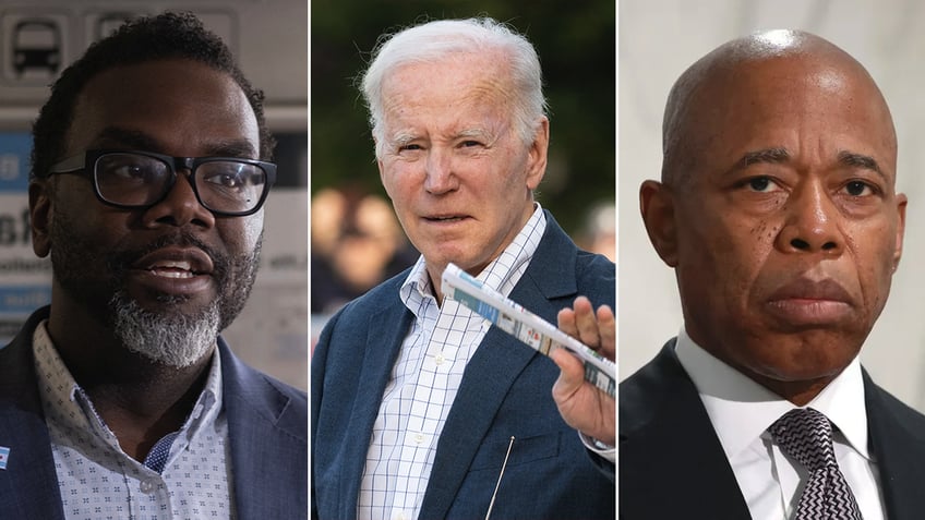 President Joe Biden Mayor Brandon Johnson and Mayor Eric Adams split image