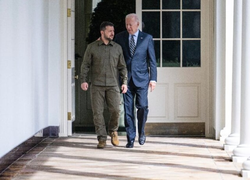 US President Joe Biden and Ukrainian President Volodymyr Zelensky are seen at the White House in Washington, DC, on September 21, 2023