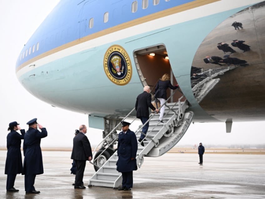 US President Joe Biden and First Lady Jill Biden board Air Force One at Joint Base Andrews in Maryland on December 27, 2023. US President Joe Biden and First Lady Jill Biden travel to St. Croix, US Virgin islands, to spend the holidays. (Photo by Mandel NGAN / AFP) (Photo by MANDEL NGAN/AFP via Getty Images)