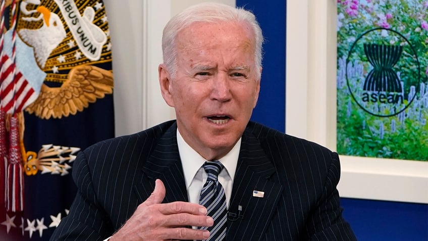 President Biden participates virtually in the U.S.-ASEAN Summit from the South Court Auditorium on the White House complex in Washington, Tuesday, Oct. 26, 2021. 