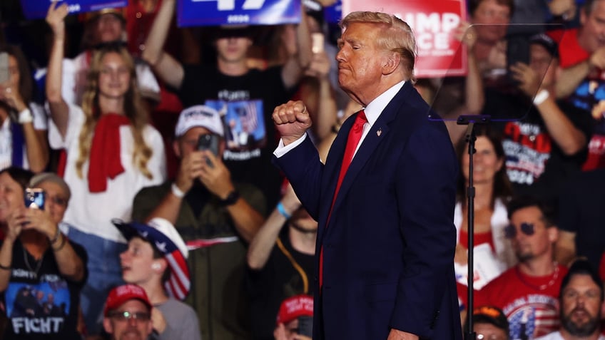 Donald Trump pumping fist at rally