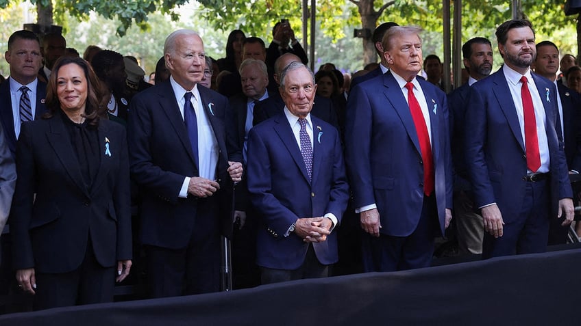 Donald Trump, JD Vance, Joe Biden, Kamala Harris, Chuck Schumer and Michael Bloomberg attend a moment of silence during a ceremony marking the 23rd anniversary of the September 11, 2001 attacks