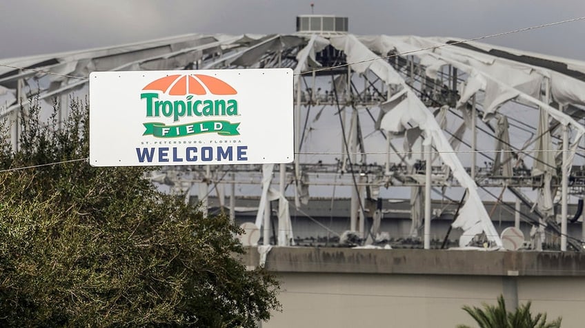 Signage at the entrance to the parking lot of Tropicana Field where the roof was torn off during Hurricane Milton