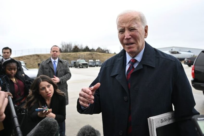 US President Joe Biden speaks to reporters before boarding Air Force One at Hagerstown Reg