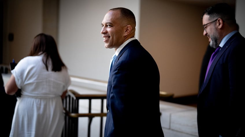 House Minority Leader Hakeem Jeffries arrives for a weekly Democratic caucus meeting on Capitol Hill