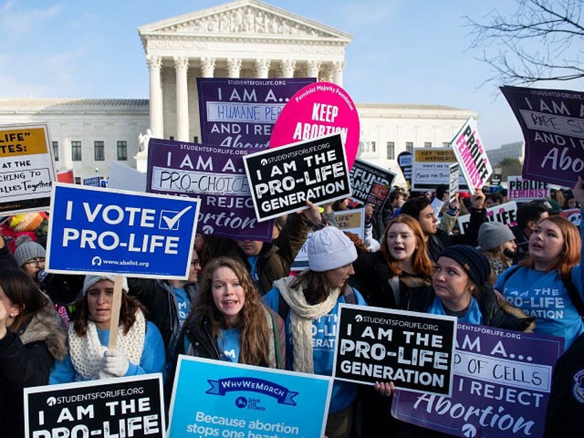 Pro-choice activists hold signs in response to anti-abortion activists participating in th