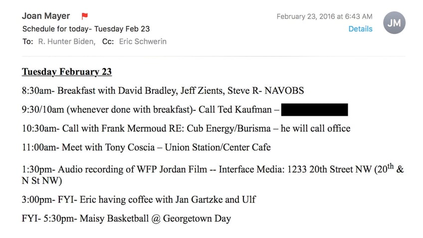 Hunter Biden's Feb. 23, 2016 schedule from Mayer shows a meeting with Jeff Zients, David Bradley and Steve Ricchetti.