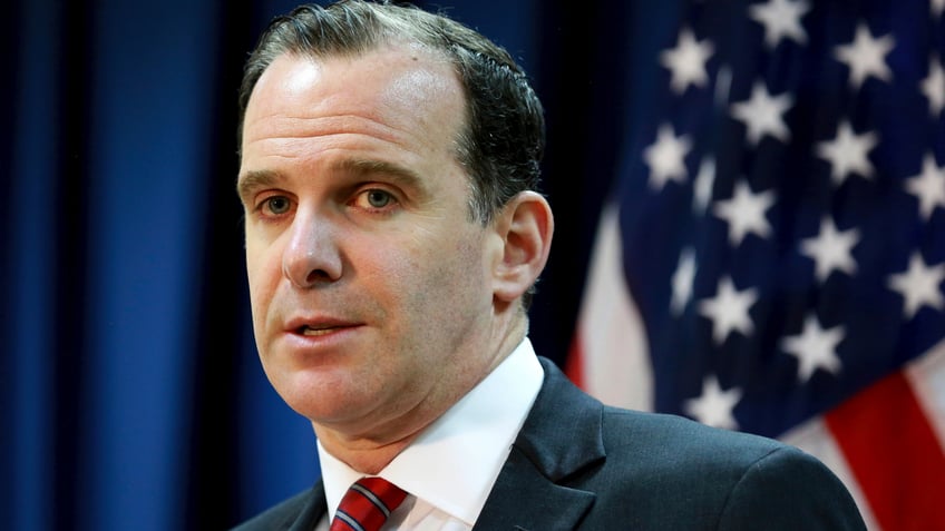 Brett McGurk, then the U.S. envoy for the global coalition against ISIL, speaks during a news conference at the U.S. Embassy Baghdad, Iraq, in 2017. 