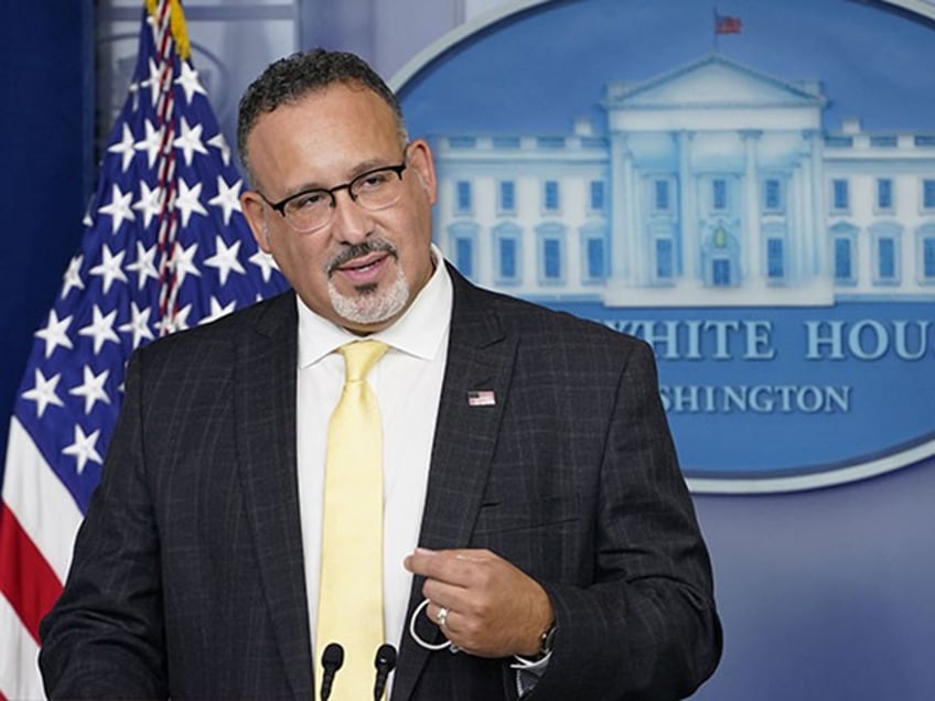 Education Secretary Miguel Cardona speaks during the daily briefing at the White House in Washington, Thursday, Aug. 5, 2021. (AP Photo/Susan Walsh)