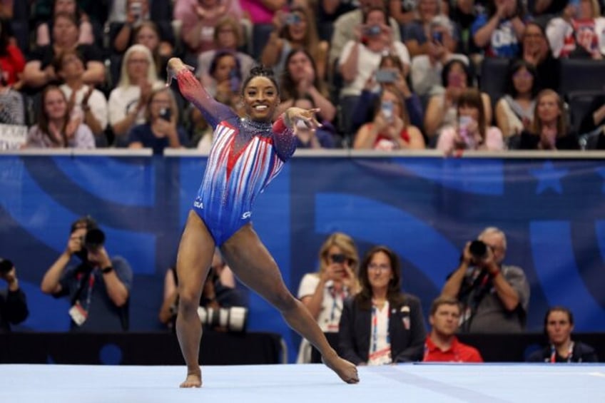 Simone Biles competes in floor exercise at the US Olympic gymnastics trials