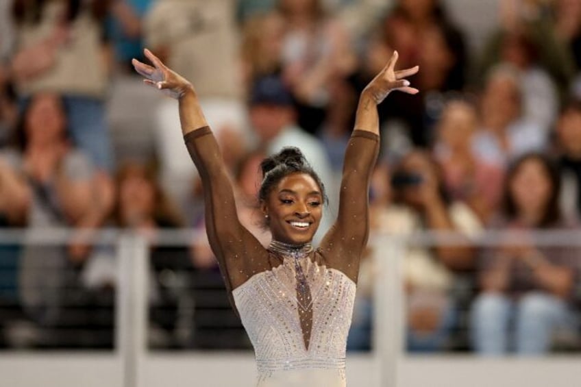 Simone Biles competes in the floor exercise on the way to a ninth national all-around titl