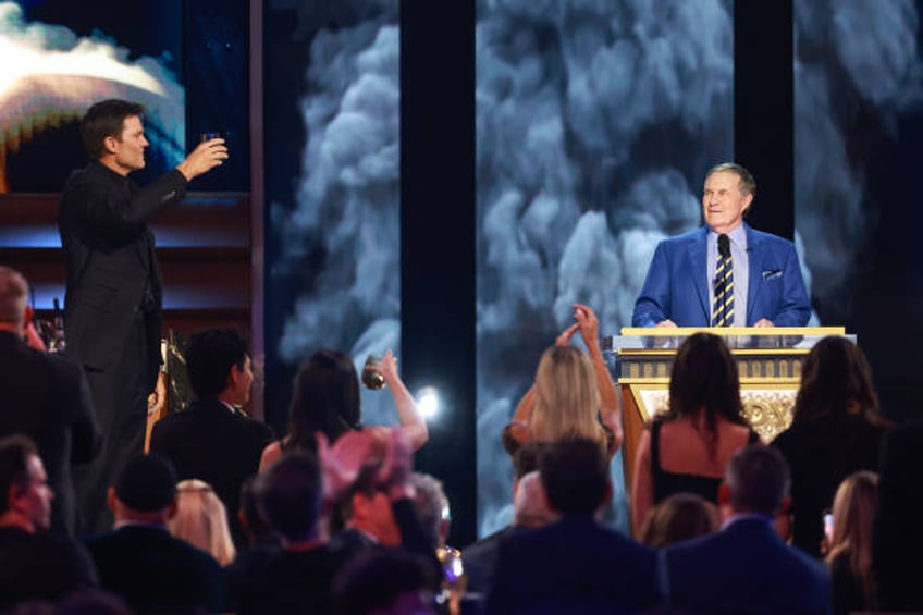 Tom Brady and Bill Belichick speak onstage during G.R.O.A.T The Greatest Roast Of All Time: Tom Brady for the Netflix is a Joke Festival at The Kia...