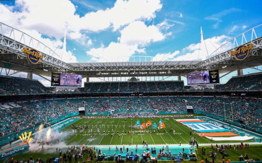 The Miami Dolphins are introduced prior to the game against the Baltimore Ravens at Hard Rock Stadium on September 08, 2019 in Miami, Florida.